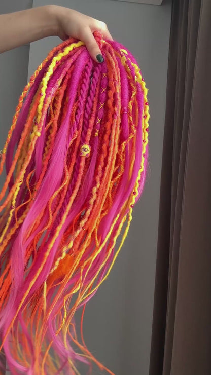 Bright Sunset Dreadlocks – Pink, Orange & Yellow Full Set Fantasy Hair Extensions