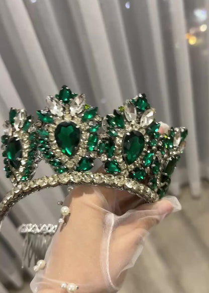 Emerald Forest Queen Crown & Earrings Set | Large Handmade Crystal Tiara