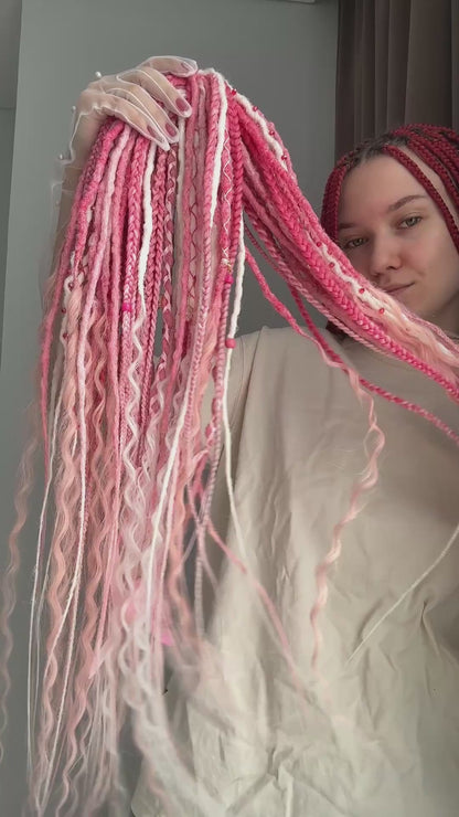 Sakura Bloom Dreadlocks – Pastel Pink & White Full Set Fantasy Hair Extensions