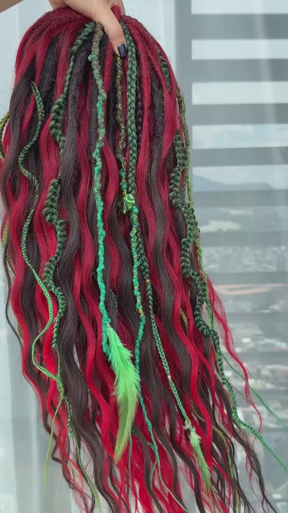 Burning Ivy Dreadlocks – Red, Green & Black Curly Fantasy DE Hair Extensions