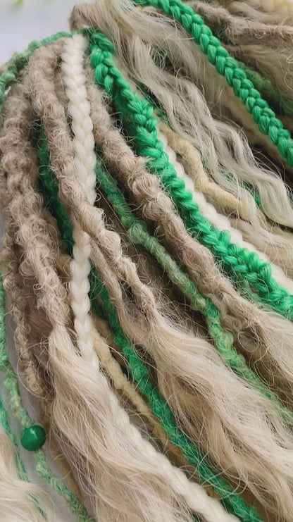 Forest Elf Dreadlock Full Set Light Green & Blonde | Braids & Curls | Handmade Synthetic DE Dreads | Ready to Ship