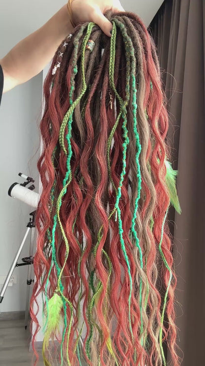 Ember Grove Dreadlocks – Red, Green & Brown Forest Fantasy DE / SE Hair Extensions