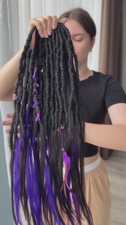 Purple & Black SE Dreadlocks with Human Hair Tips – 80 cm Full Set